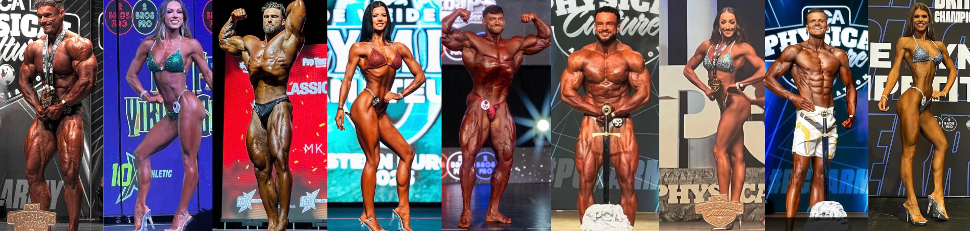 Team Blackmore athletes on stage across men's physique, classic bodybuilding, bikini and wellness divisions